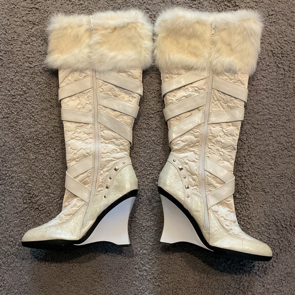 NEW Baby Phat VTG White Rabbit Fur-Trim Studded Women's Tall Boots Shoes Y2K, 9 - Picture 9 of 11